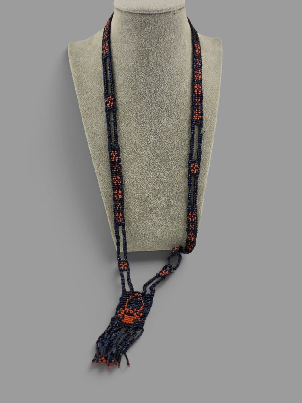 Vintage Beaded Necklace Blue Orange Seed Bead Fringe Pendant Tribal